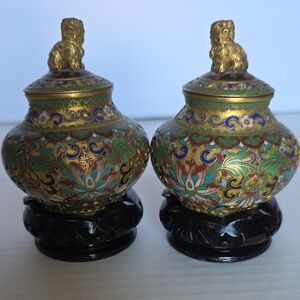 Antique Cloisanne Foo Dog Brass And Enamel Ginger Jar Set With Stands